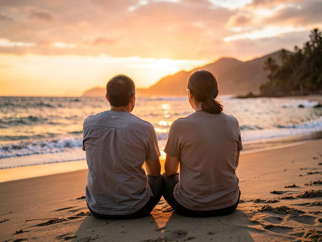 Una pareja mira el atardecer sentada en la playa