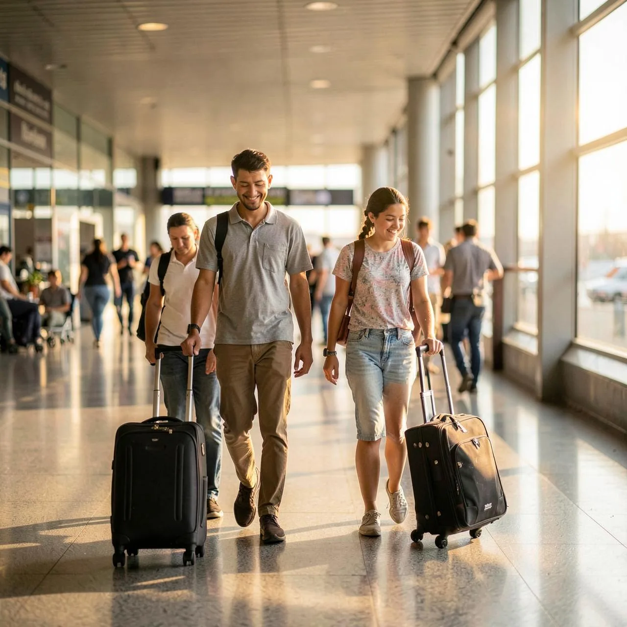 Una familia camina con sus valijas por la terminal de un aeropuerto con luz cálida
