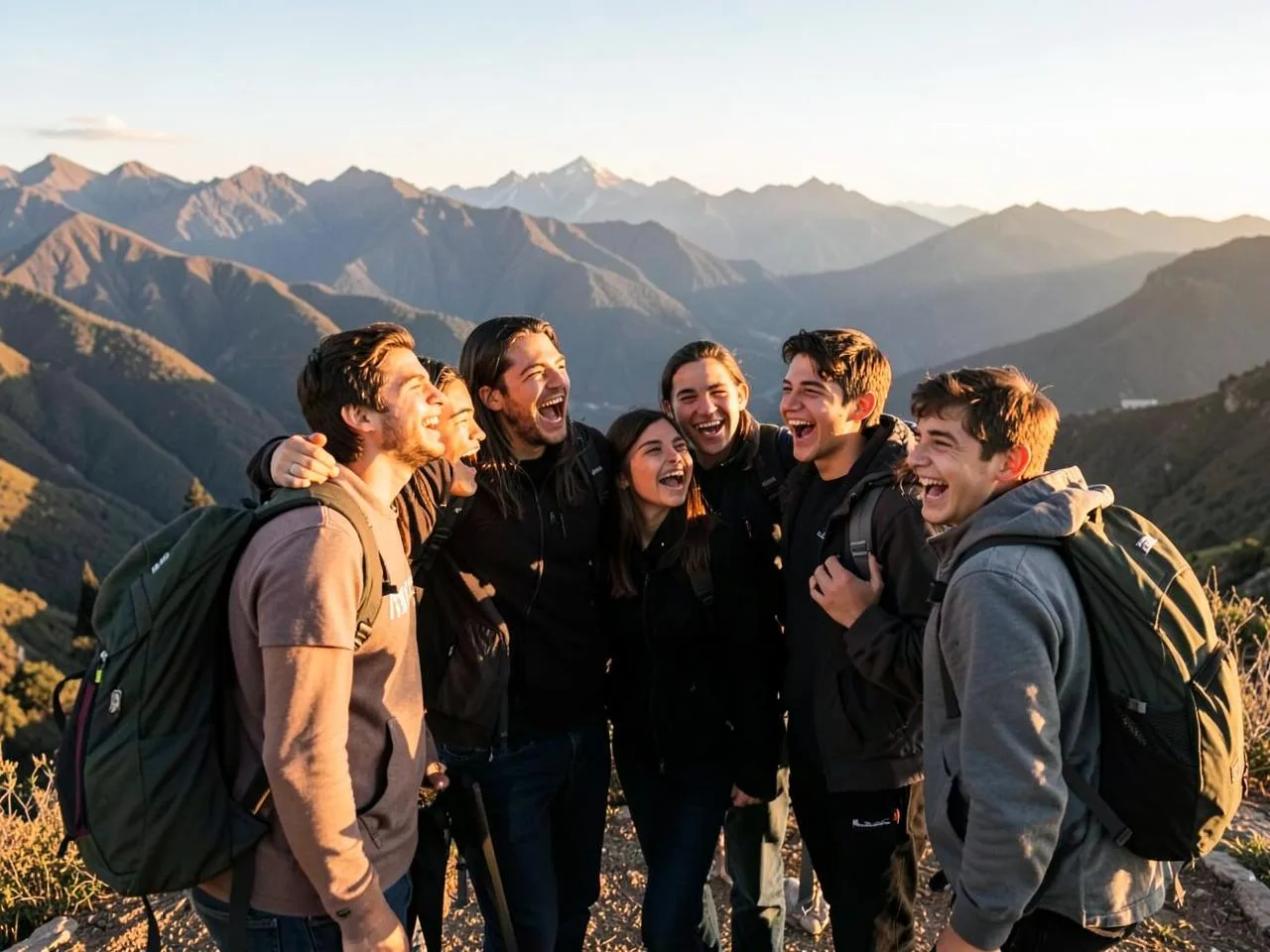Un grupo de amigos se ríe en un mirador de montaña