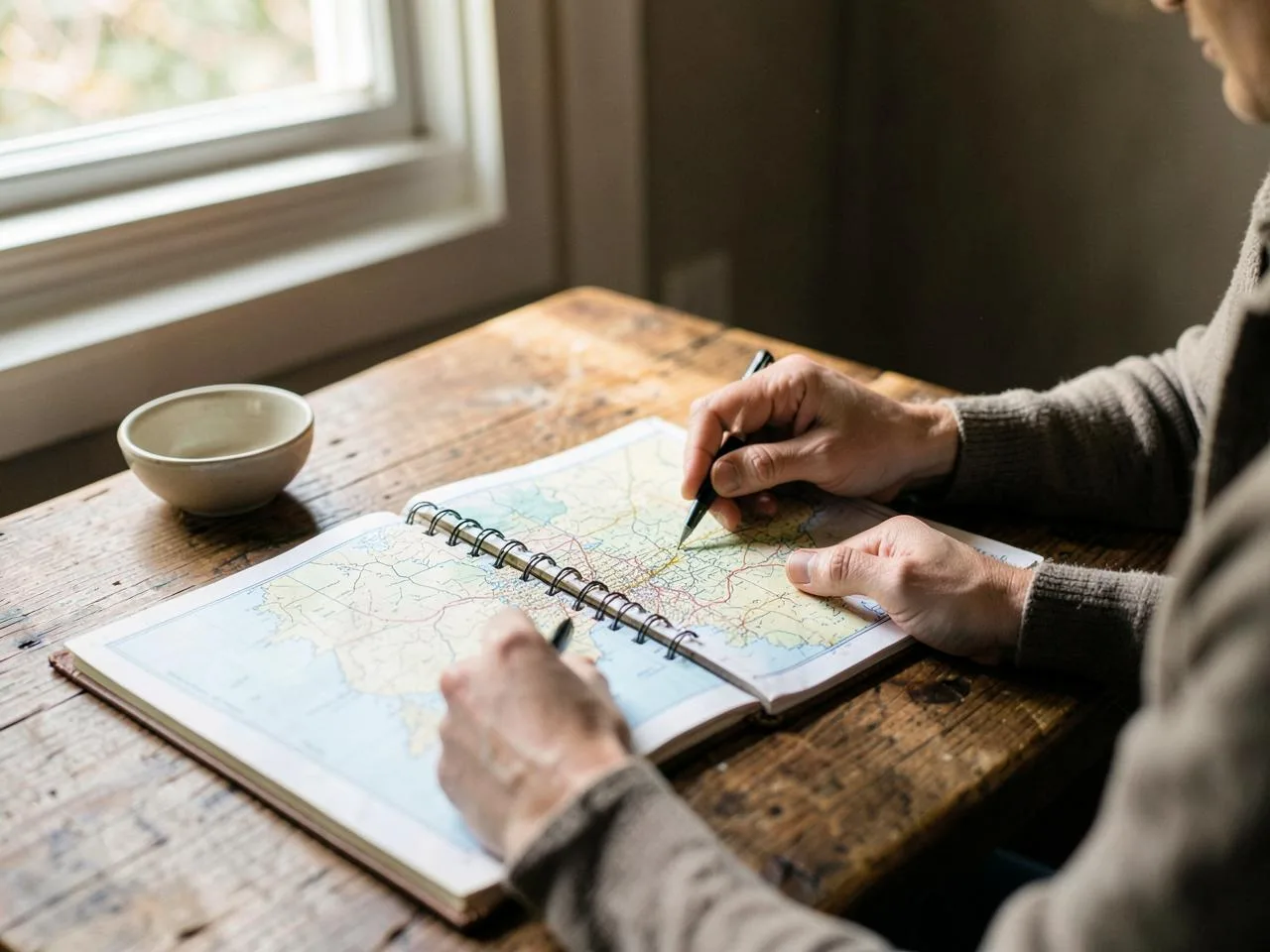 Una persona organiza su viaje sobre un mapa y un cuaderno